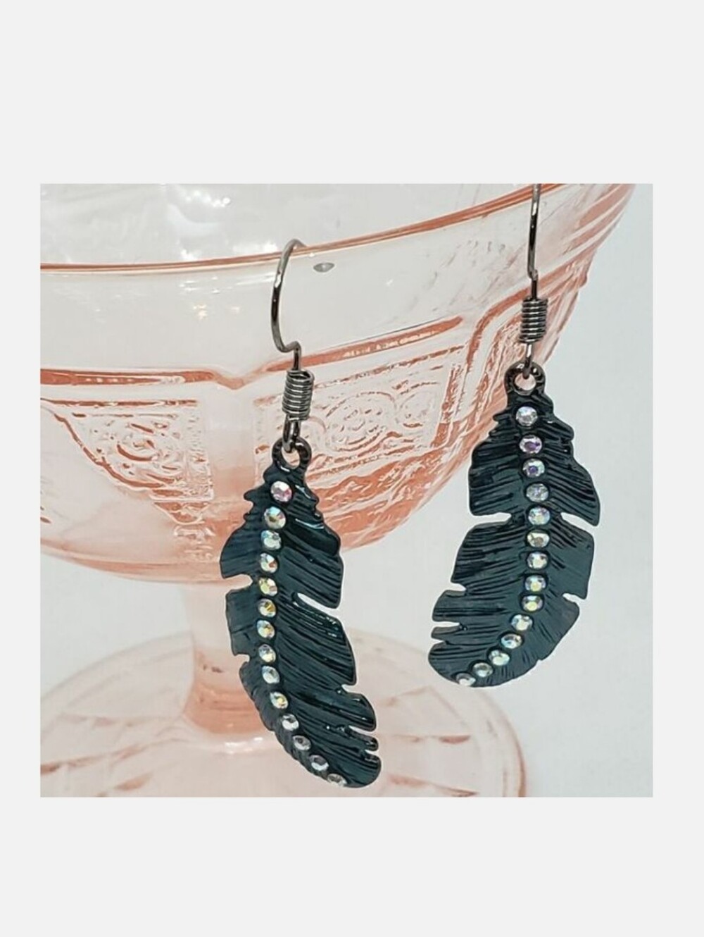 METAL AND RHINESTONE Gunmetal Feather Earrings